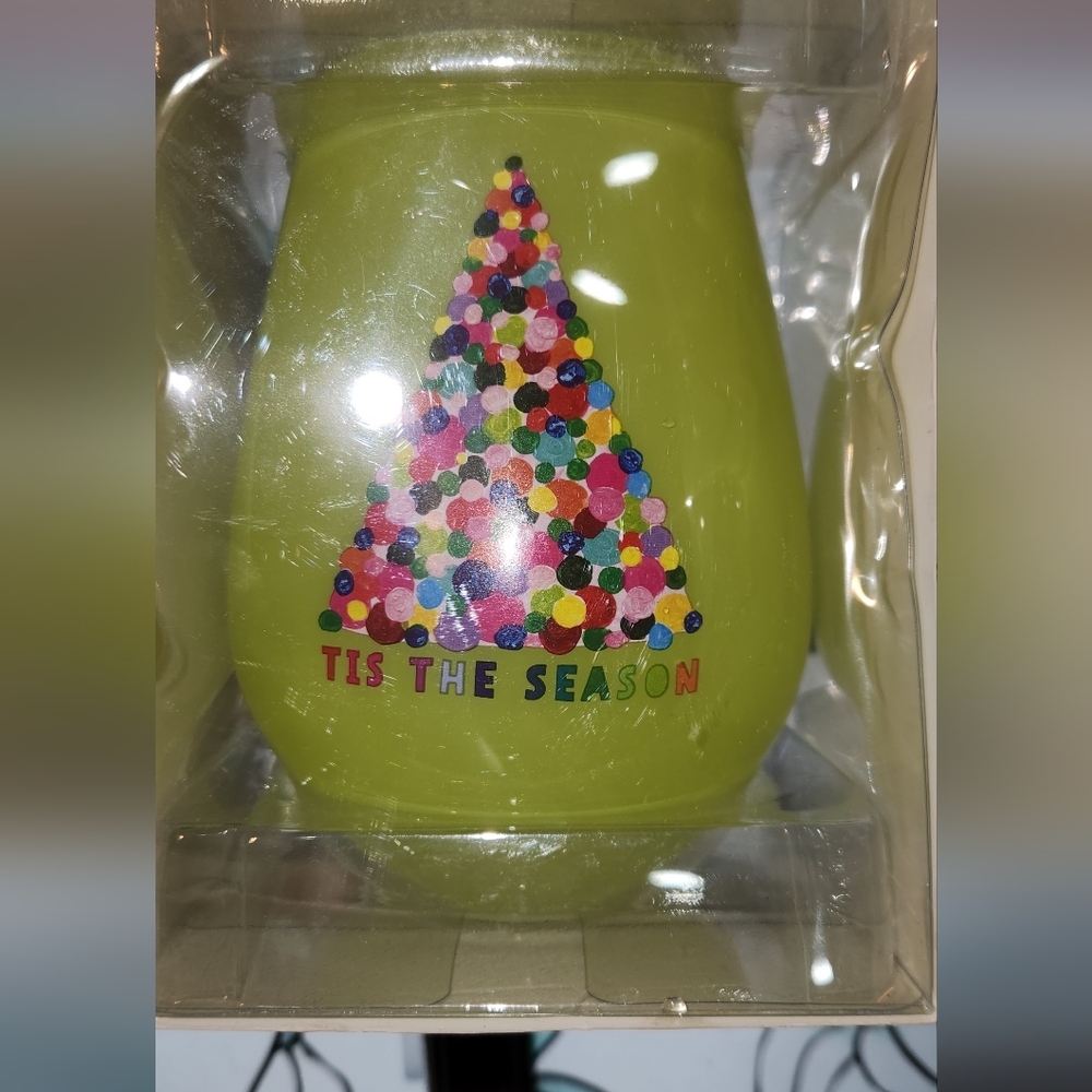 Green Festive Wine Glass with Colorful Tree Design - Holds One Bottle